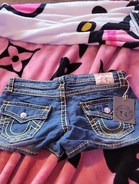 True Religion Dark Blue Denim Shorts with Yellow Stitching
